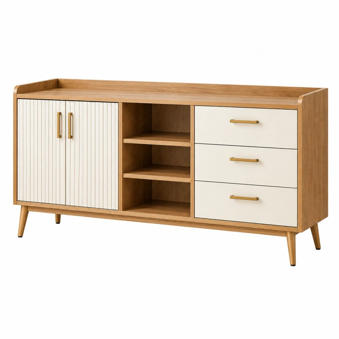Aparador 150 x 40 x 85 cm de madera marrón y blanco con cajones y estantes estilo moderno
