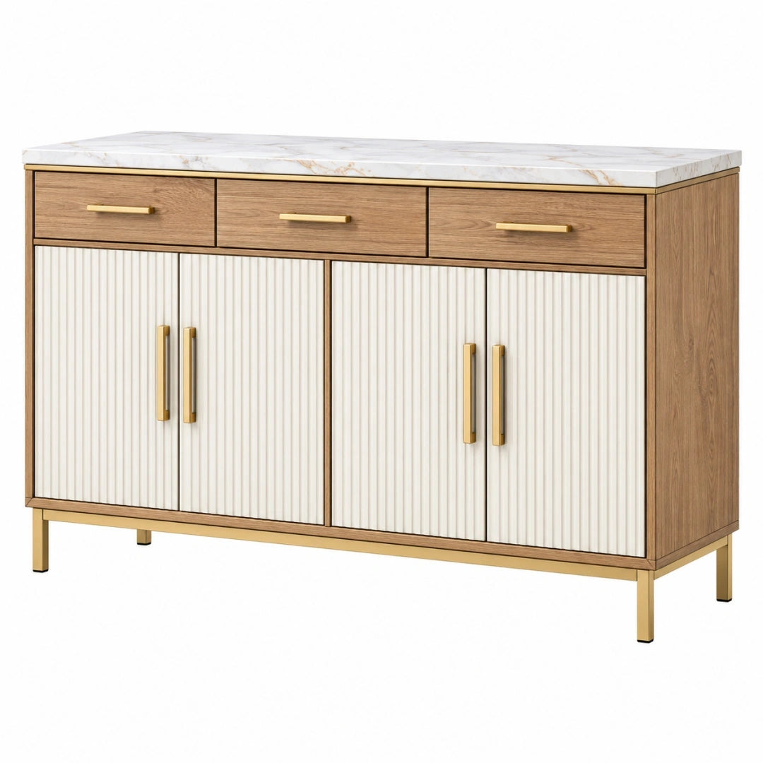 Aparador 160 x 45 x 90 cm de madera blanco y natural con encimera efecto mármol estilo contemporáneo
