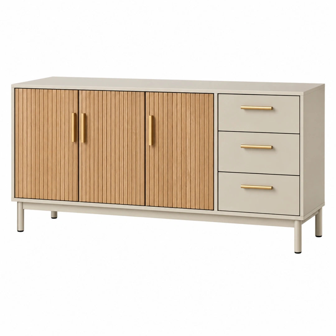 Aparador 160 x 40 x 80 cm de madera beige y natural con 3 puertas y 3 cajones estilo moderno