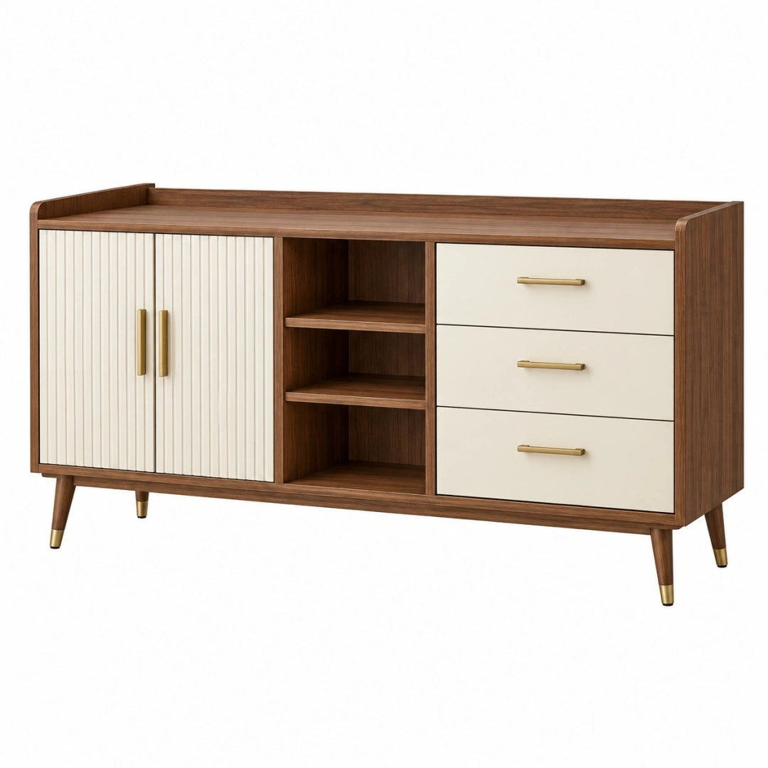 Aparador 160 x 40 x 85 cm de madera marrón y crema con cajones y estantes estilo moderno