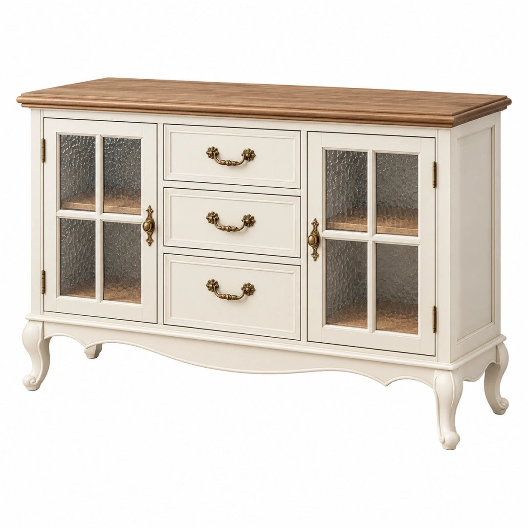 Aparador 120 cm de madera blanco y marrón con puertas de vidrio estilo clásico