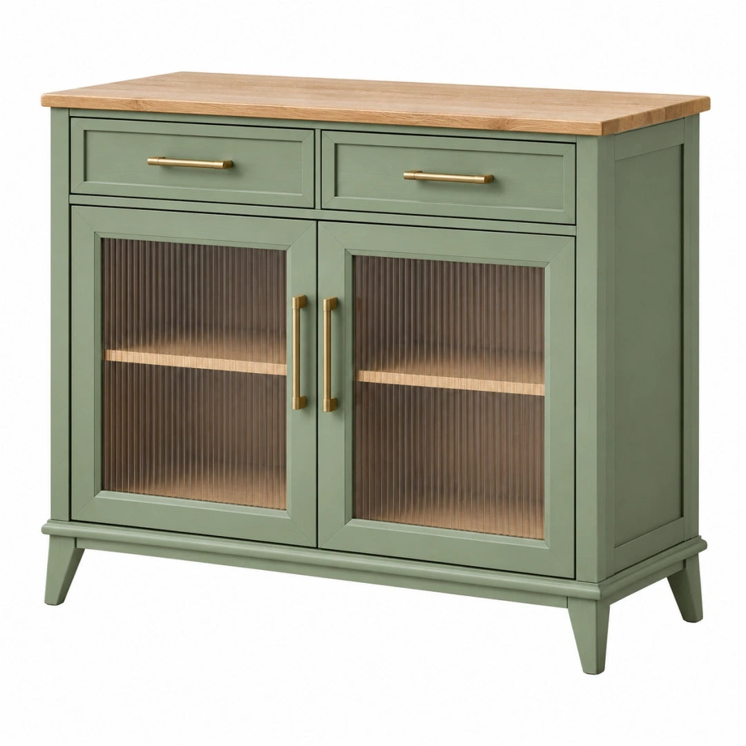Aparador 120 x 40 x 90 cm de madera verde con puertas de vidrio - almacenamiento para salón