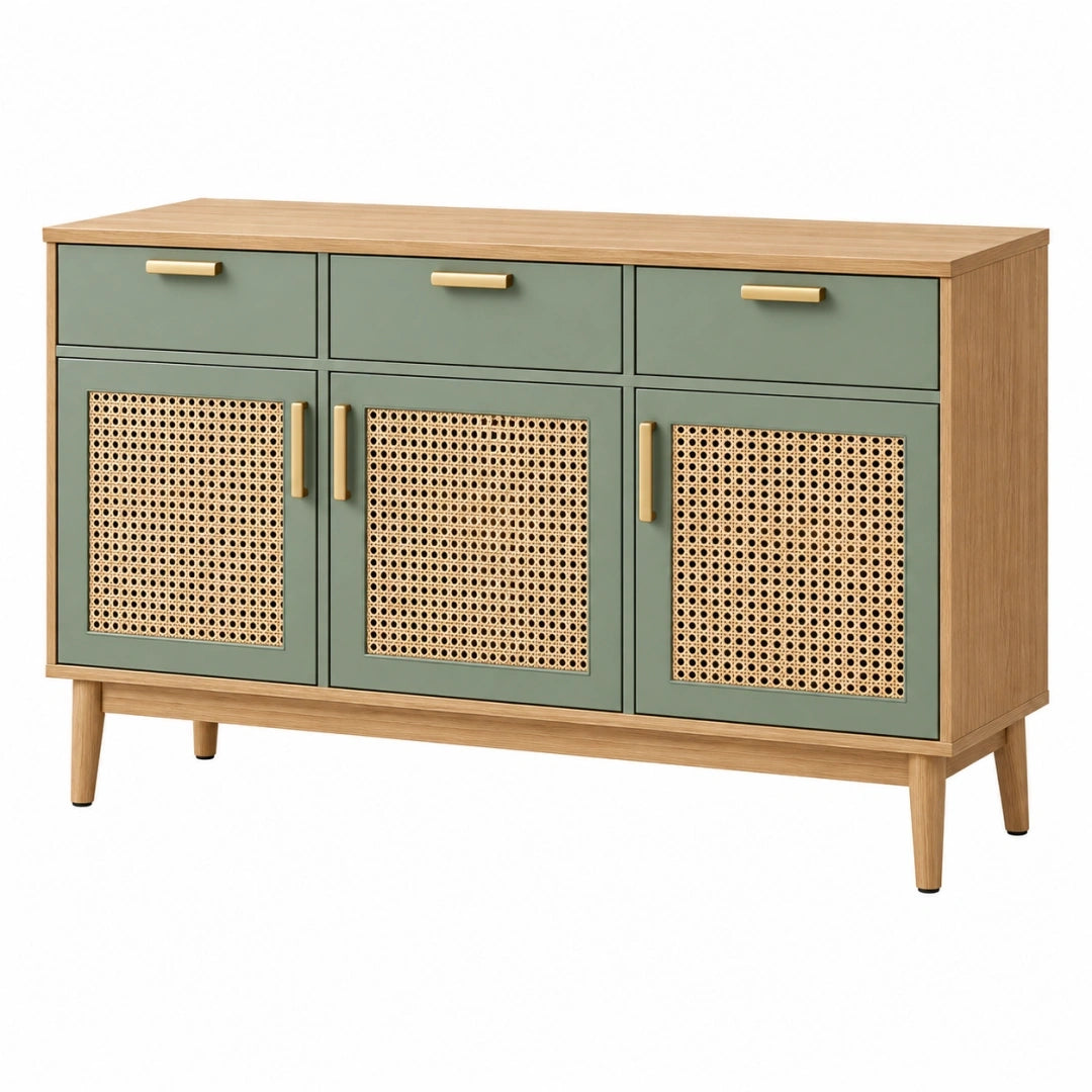 Aparador 160 x 40 x 85 cm de madera y ratán verde - almacenaje de estilo natural
