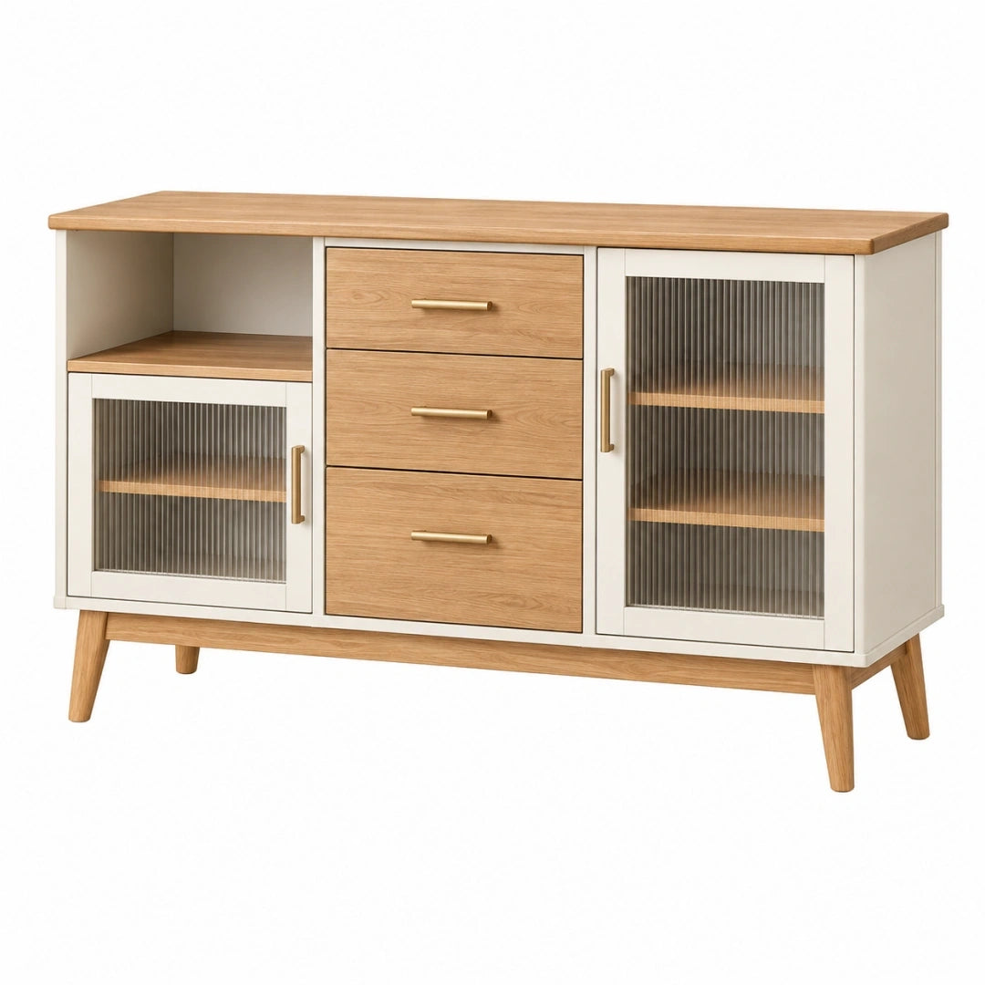 Aparador 160 x 40 x 90 cm de madera y vidrio acanalado beige natural estilo nórdico