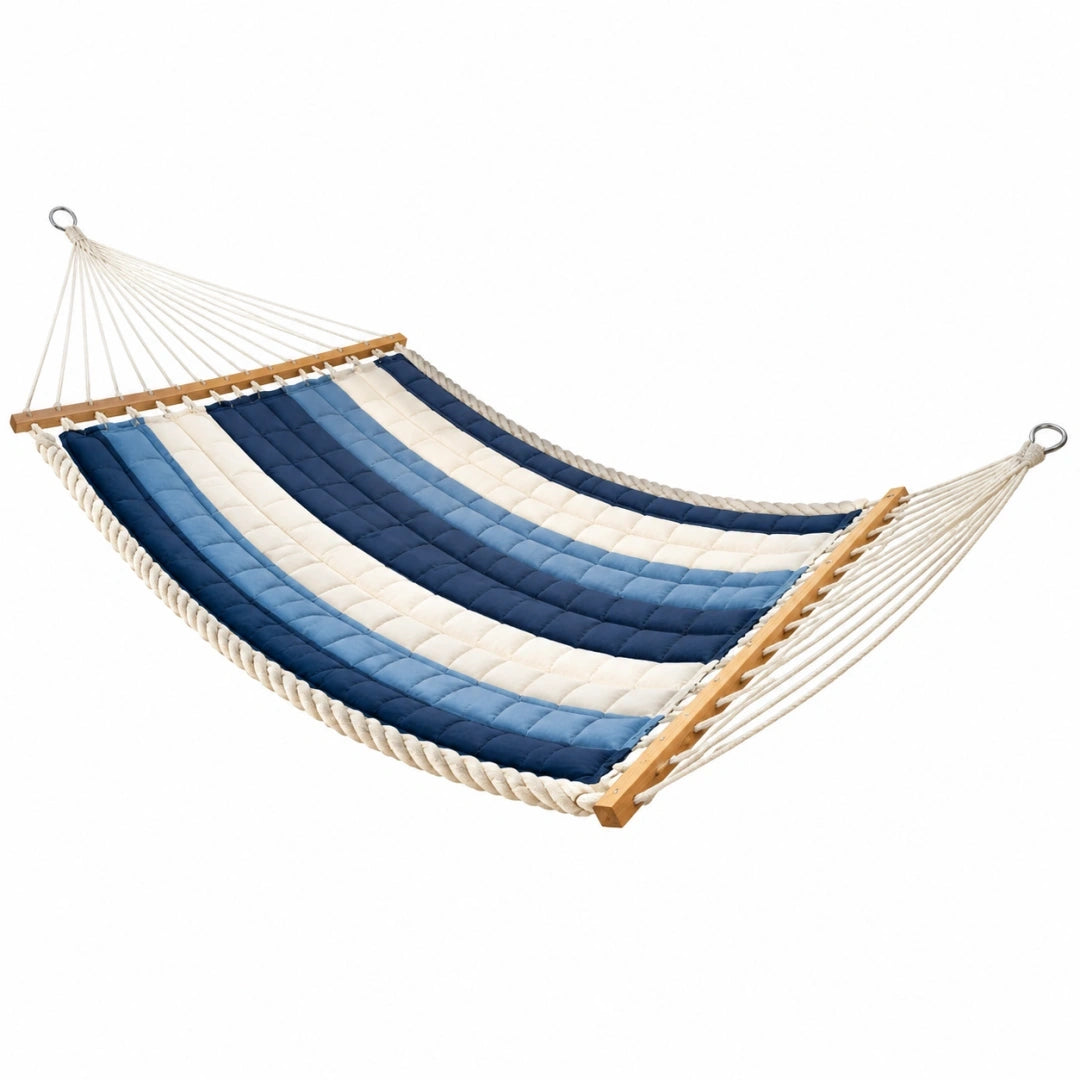 Hamaca acolchada 200 x 100 cm de tejido azul y blanco con barras de madera para exterior