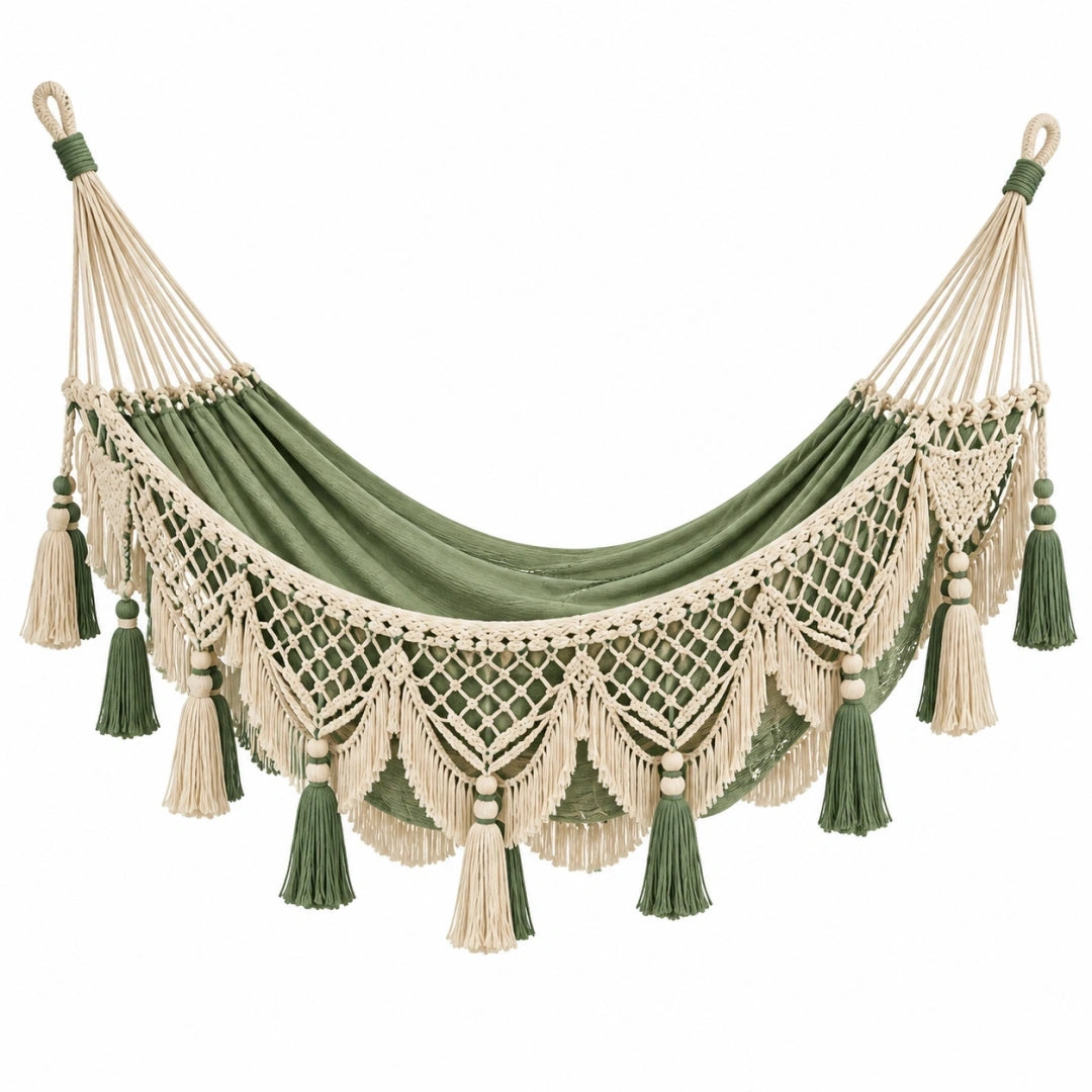 Hamaca de 200 x 100 cm de algodón verde y beige con flecos estilo bohemio
