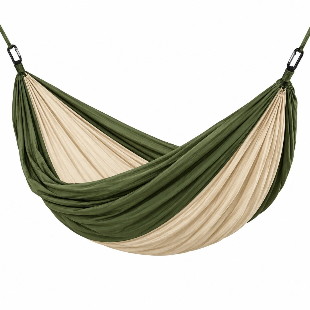 Hamaca 300 x 150 cm de tejido sintético verde y beige para jardín estilo colgante