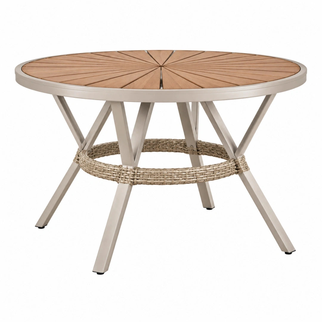 Mesa de exterior redonda 120 x 75 cm de madera y metal beige estilo rústico