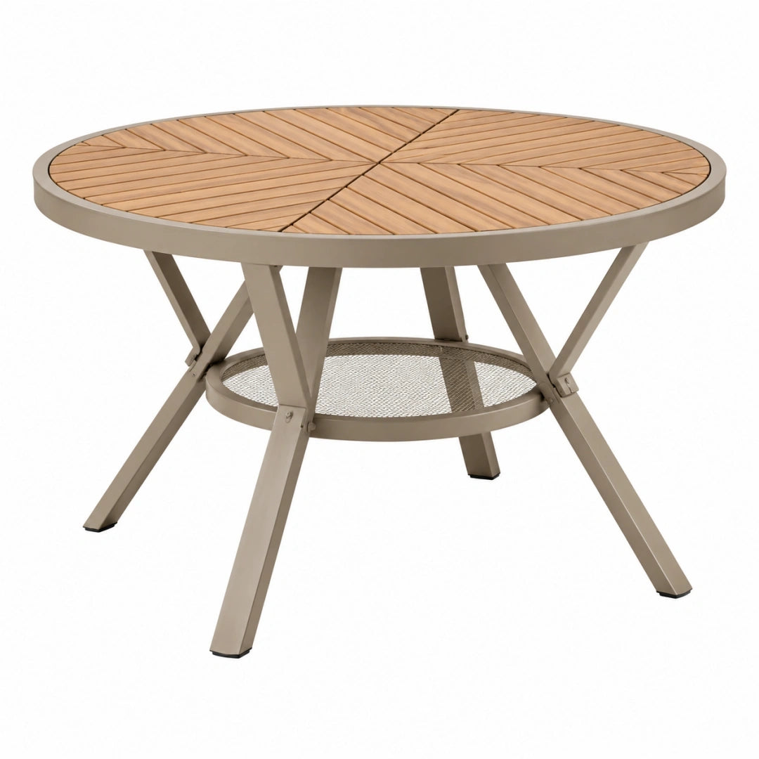 Mesa de jardín redonda 100 cm de metal y madera beige con estante inferior