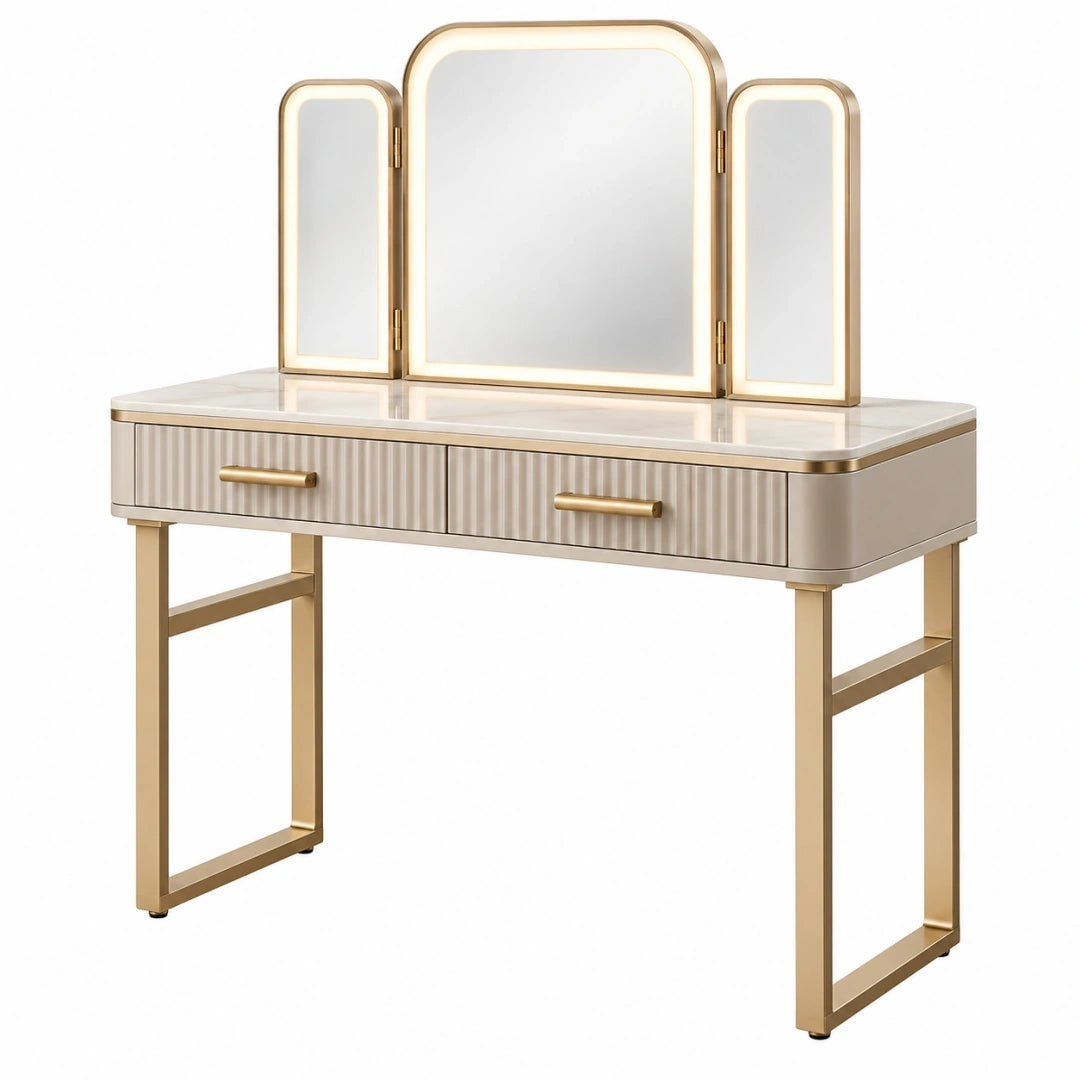 Tocador con espejo plegable 120 x 45 x 140 cm en madera crema y metal dorado con cajones