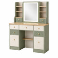 Tocador con espejo iluminado 120 x 45 x 180 cm madera verde salvia y beige con cajones y estantes