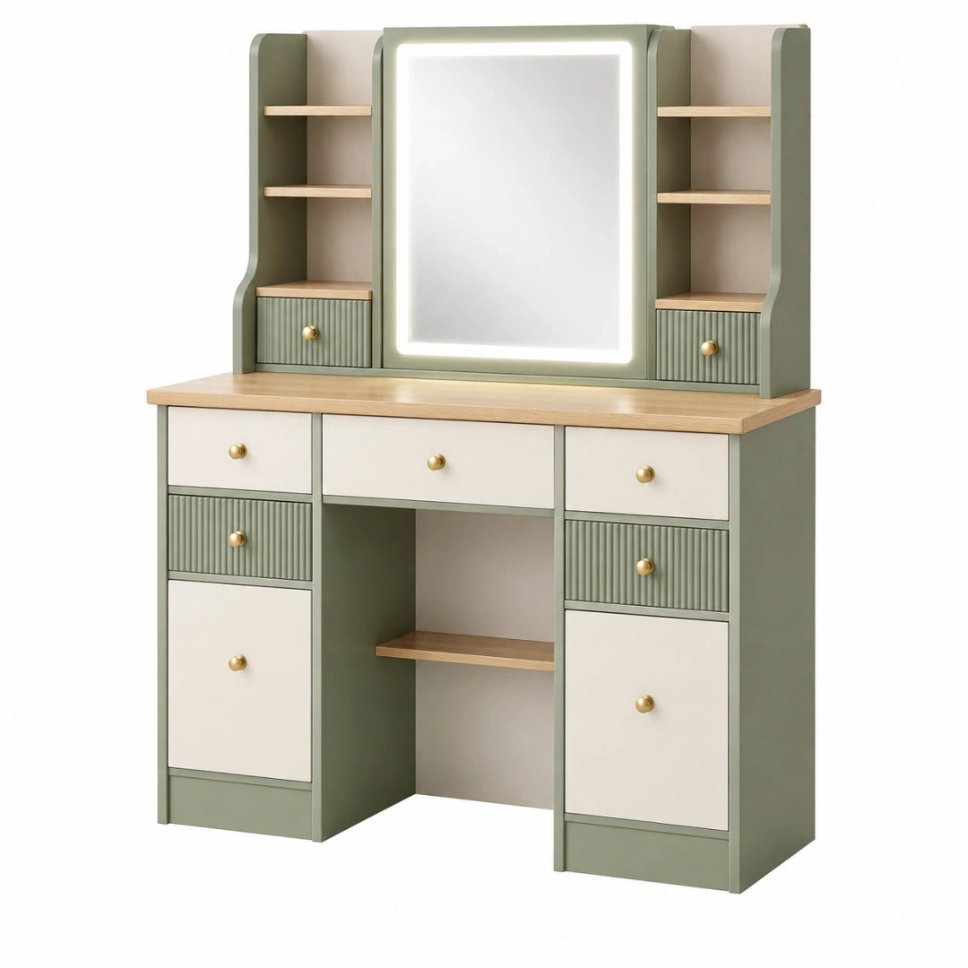 Tocador con espejo iluminado 120 x 45 x 180 cm madera verde salvia y beige con cajones y estantes