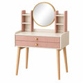 Tocador 80 x 40 x 130 cm de madera beige y rosa con espejo redondo y cajones estilo nórdico