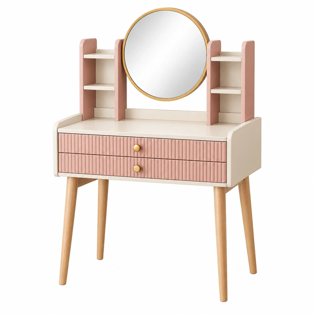 Tocador 80 x 40 x 130 cm de madera beige y rosa con espejo redondo y cajones estilo nórdico
