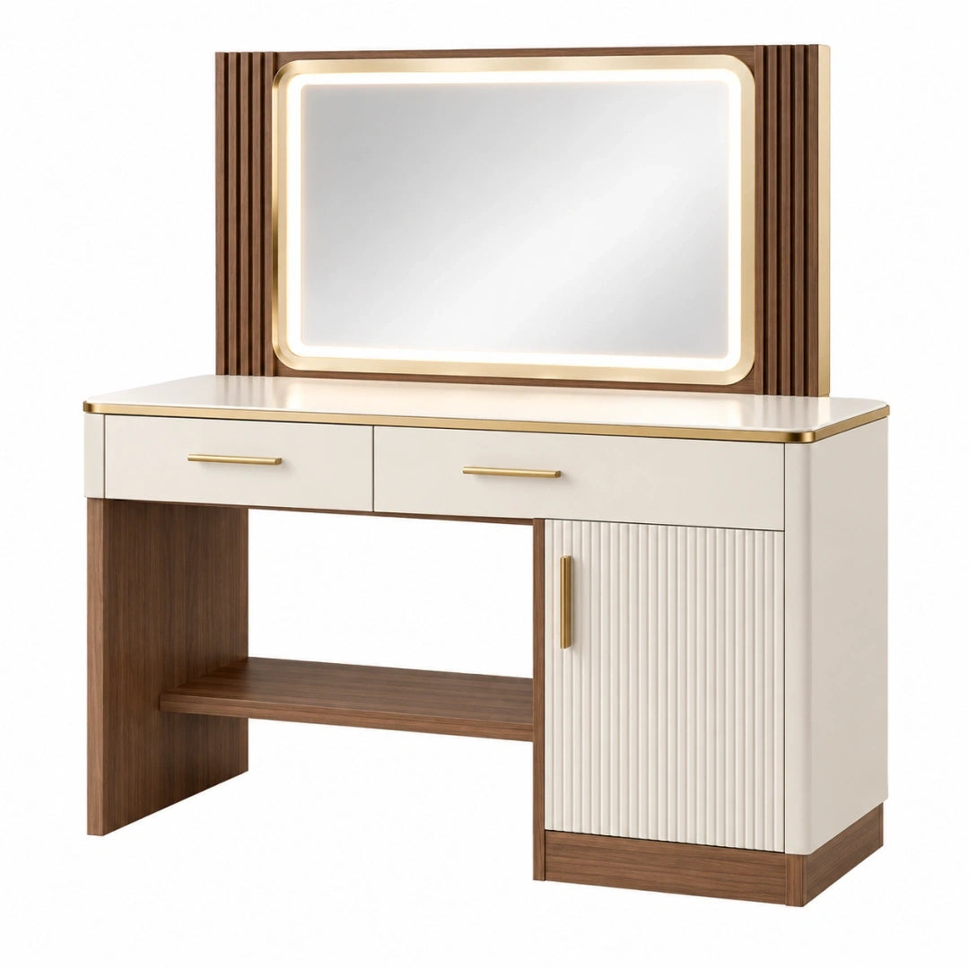 Tocador 120 x 45 x 150 cm de madera blanco y nogal con espejo LED y almacenaje