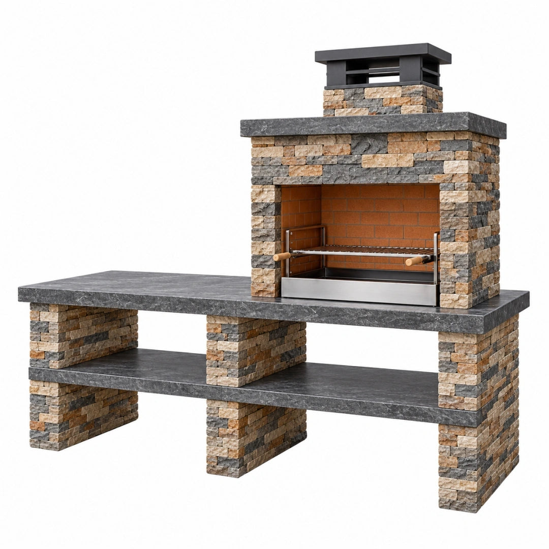 Barbacoa de obra 200 x 70 x 210 cm de piedra gris y beige con parrilla de acero para exterior