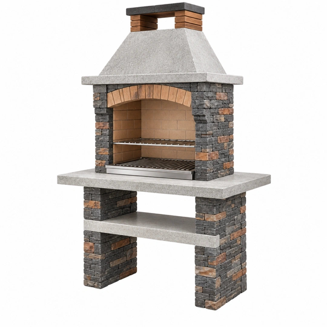 Barbacoa de obra 120 x 70 x 220 cm de piedra gris para jardín con parrilla de acero inoxidable