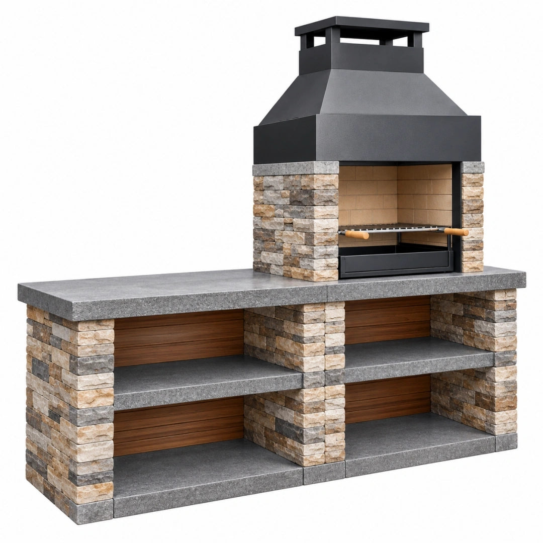 Barbacoa de obra 200 x 70 x 220 cm de piedra y metal negro para exterior