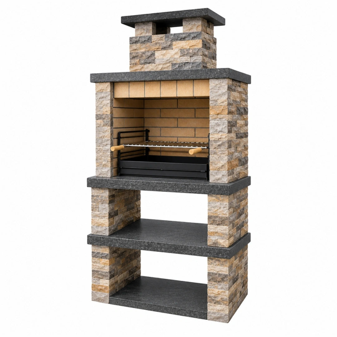 Barbacoa de obra 100 x 60 x 220 cm de piedra beige gris y negra con chimenea y parrilla
