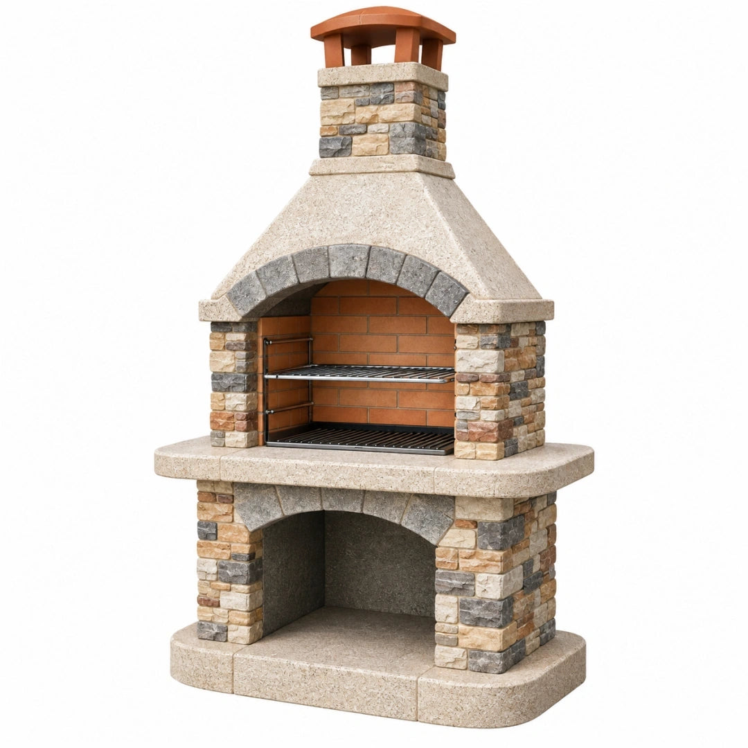Barbacoa de obra 120 x 70 x 220 cm de piedra beige con parrilla de acero estilo rústico