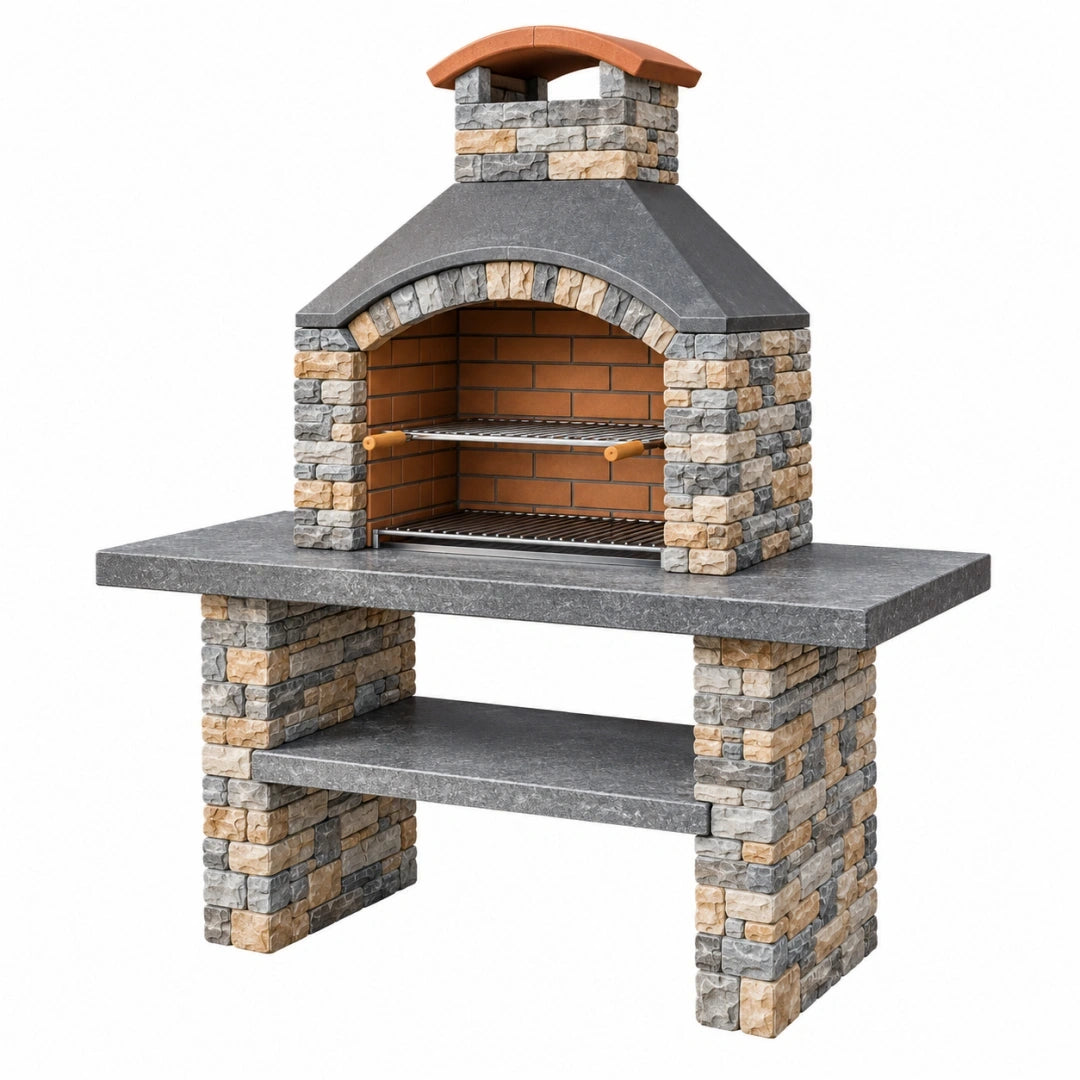 Barbacoa de obra 160 x 70 x 220 cm con revestimiento de piedra gris y beige para exterior