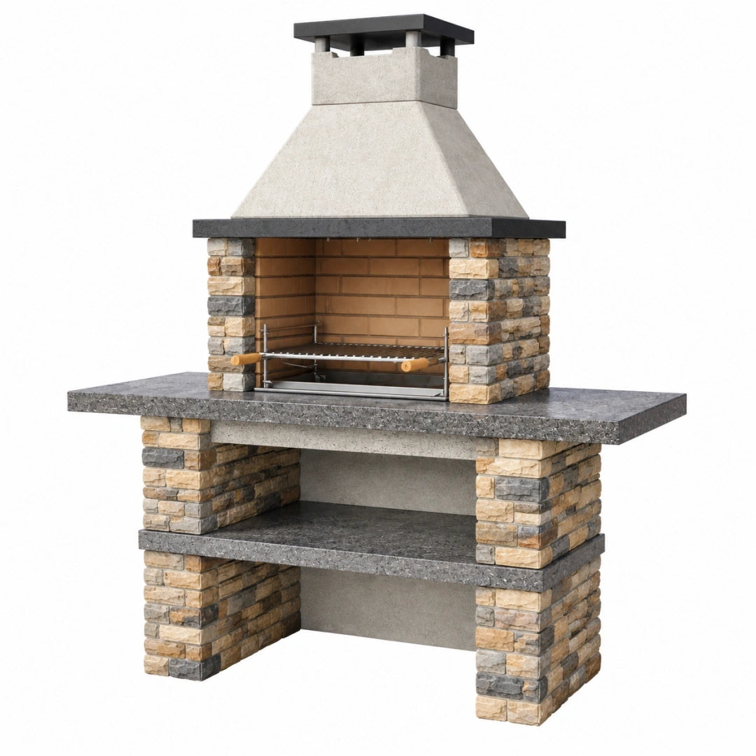 Barbacoa de obra 160 x 70 x 240 cm de piedra y metal gris para exterior