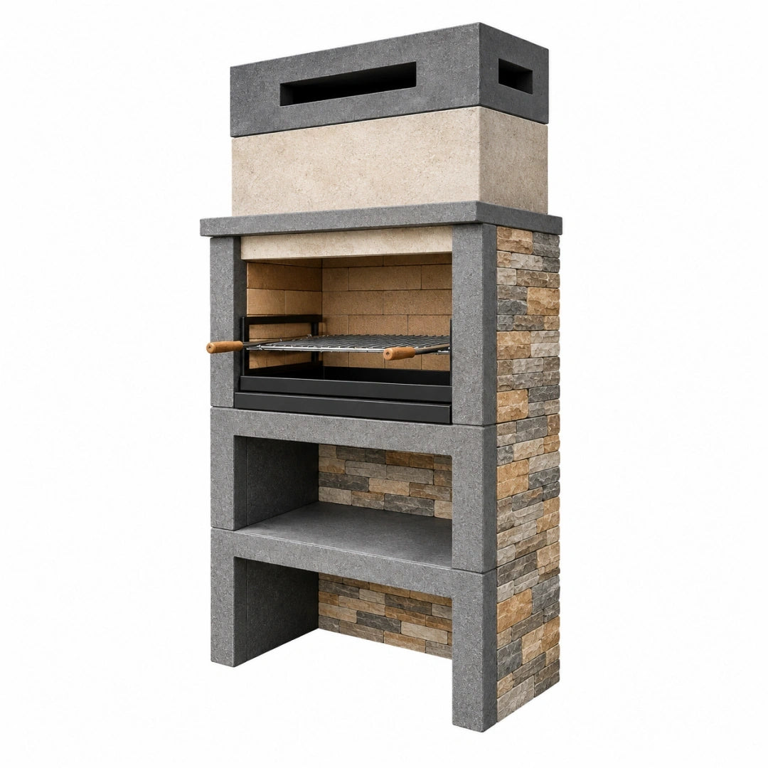 Barbacoa de obra 100 x 70 x 220 cm de piedra gris y beige para exterior con parrilla estilo rústico
